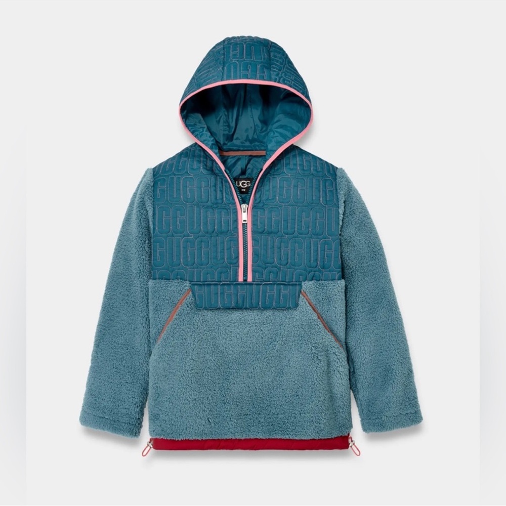 UGG Iggy Faux Fur Hooded Half Zip Pullover Mediterranean Blue Multi Small NWT